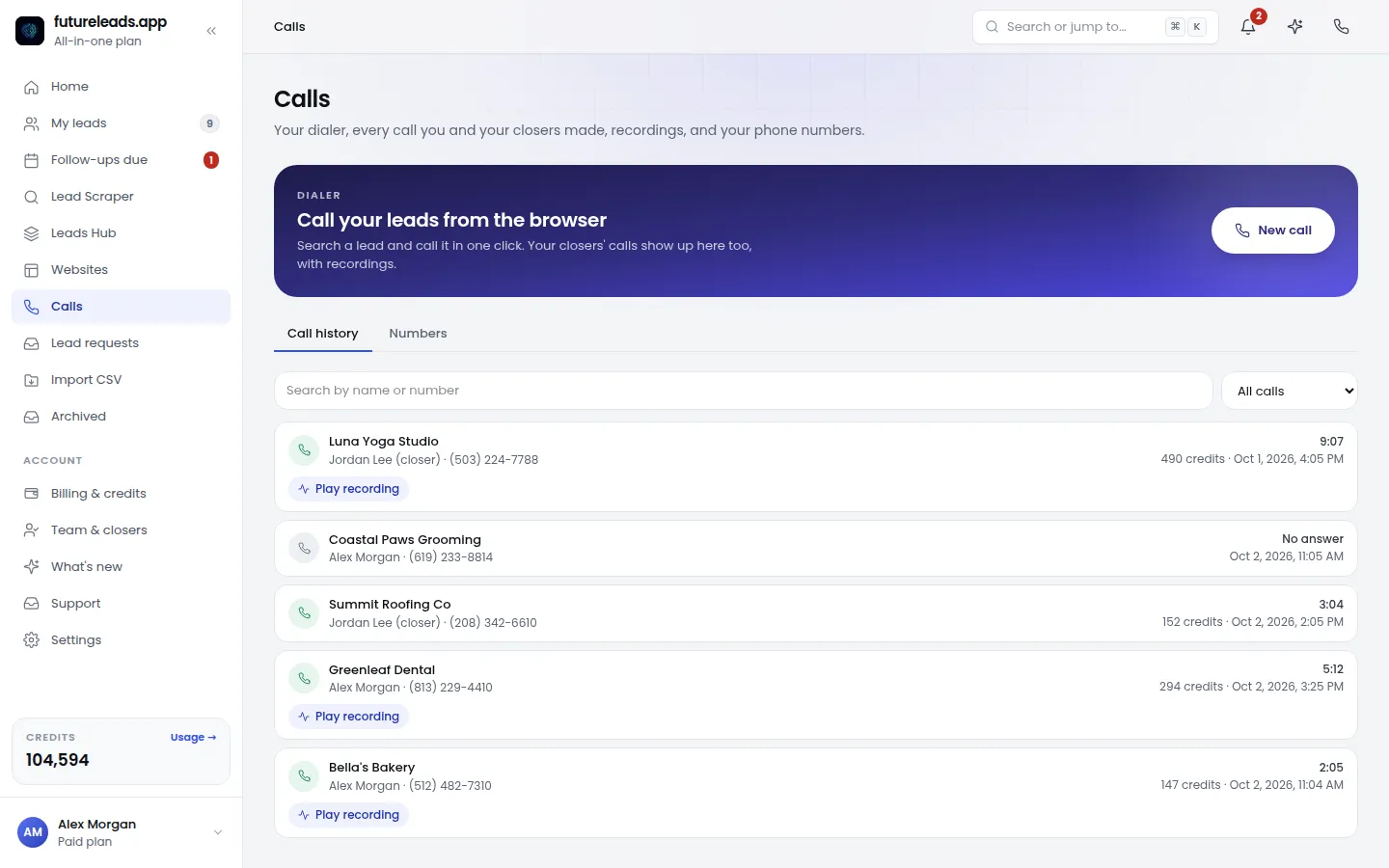 Call history with recordings ready to play