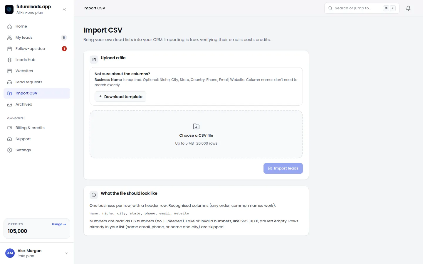 Importing a CSV of leads and checking emails before sending