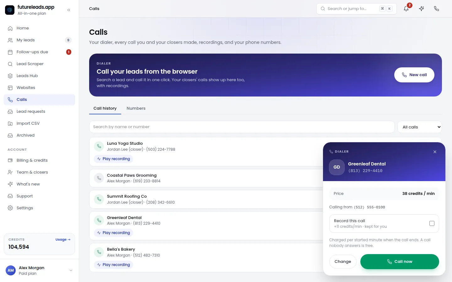 Dialer with the lead, the price per minute and a record option