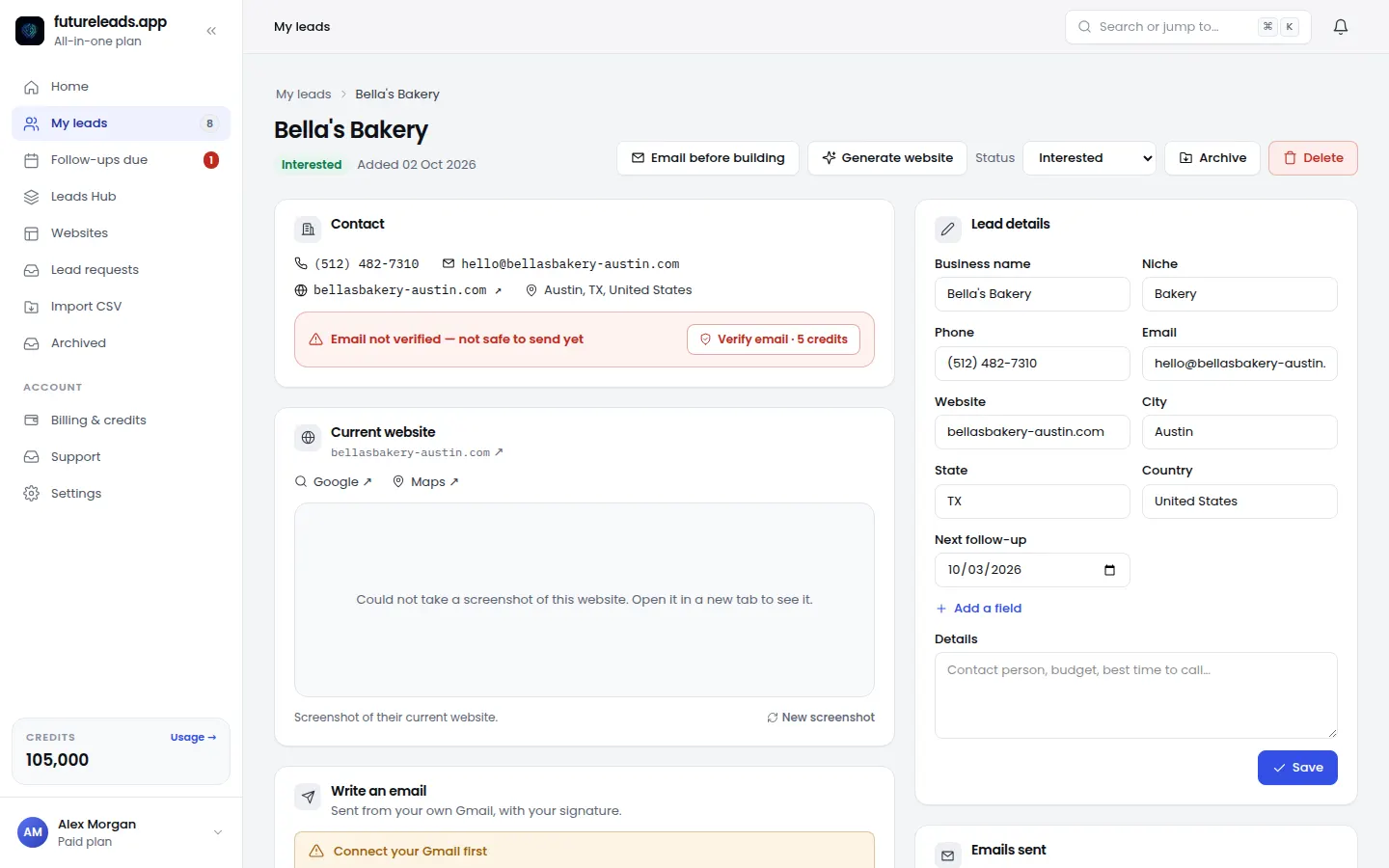 Lead page with business details, notes and contact information