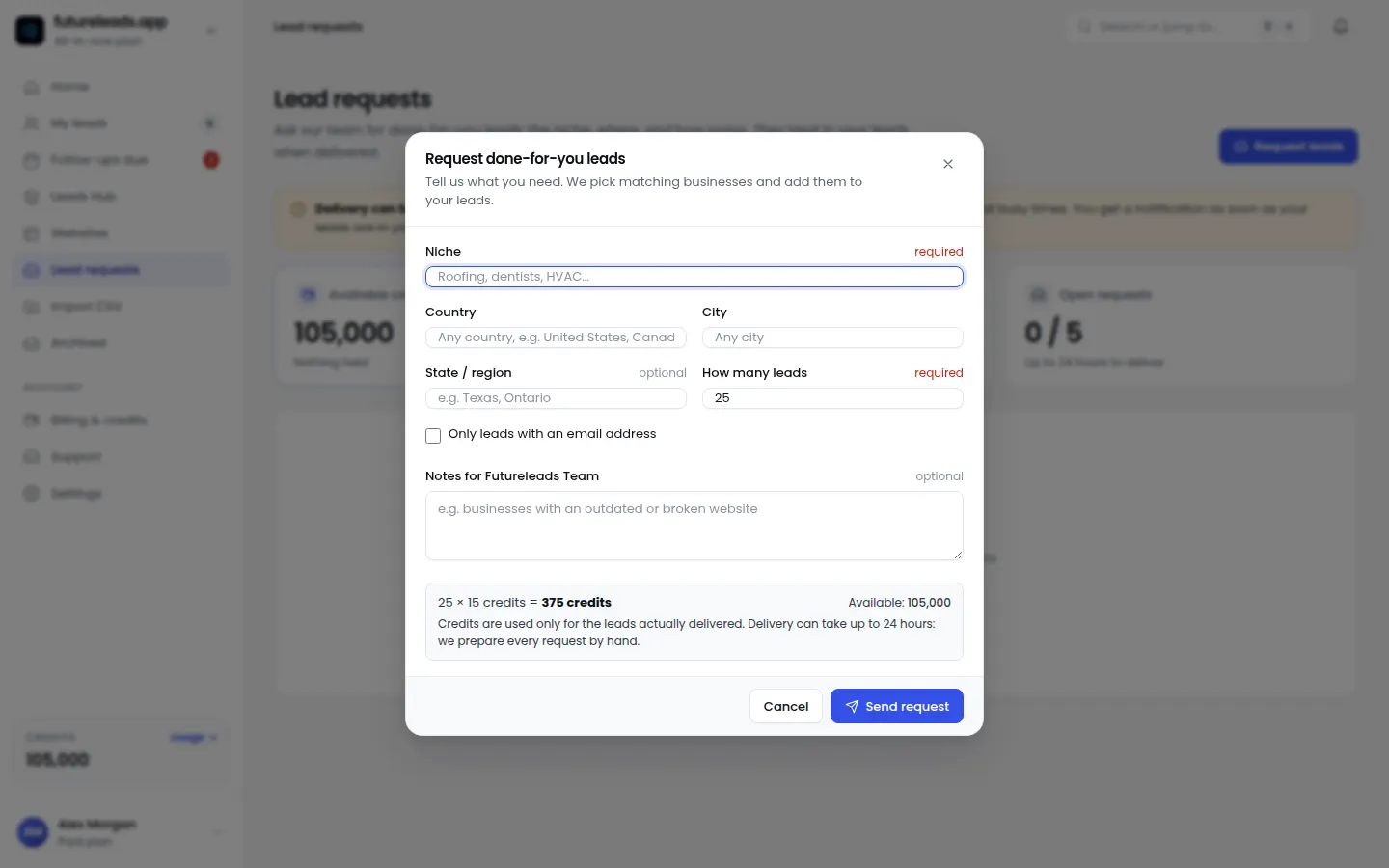 Request done-for-you leads by niche, country, state and city