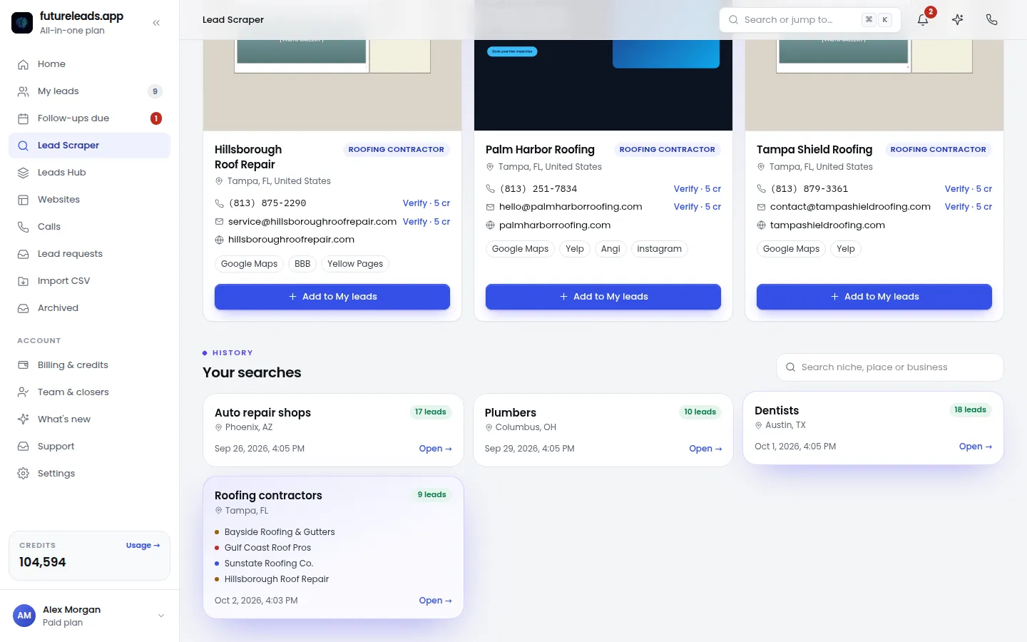 Lead Scraper search history with the leads found in each search