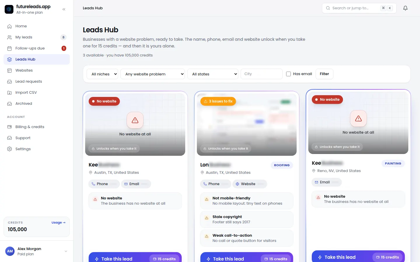 Leads Hub cards showing local businesses with no website and website issues