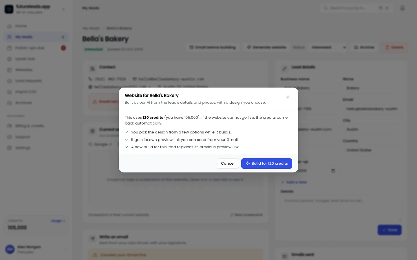 Generating an AI website preview for a lead in Futureleads.app